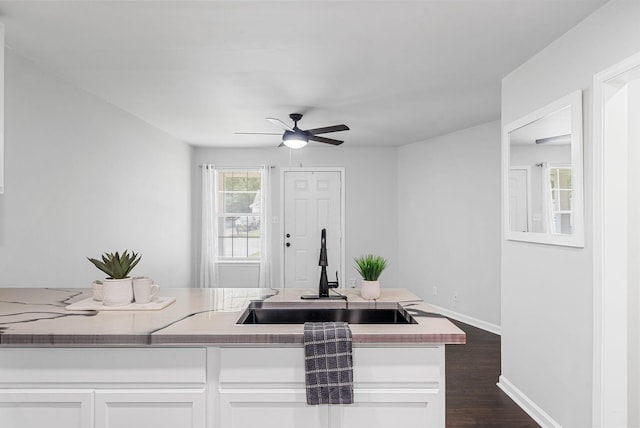 758 Spees Dr, Clarksville, TN 37042 - kitchen with white cabinetry, dark wood finished floors, ceiling fan, and light countertops