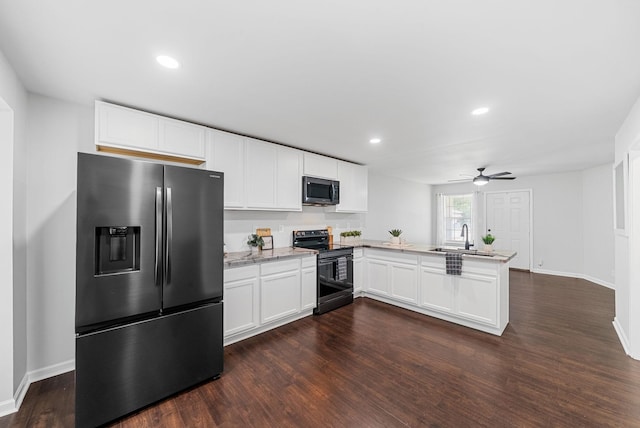 758 Spees Dr, Clarksville, TN 37042 - kitchen featuring stainless steel refrigerator with ice dispenser, black range with electric cooktop, a peninsula, dark wood-style flooring, and white cabinets