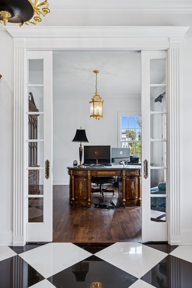 813 Stonewater Blvd, Franklin, TN 37064 - office area with crown molding, a chandelier, french doors, and wood finished floors