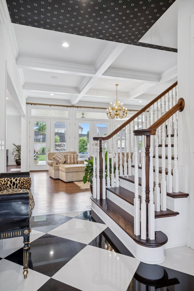 813 Stonewater Blvd, Franklin, TN 37064 - staircase with french doors, crown molding, coffered ceiling, beam ceiling, and a chandelier