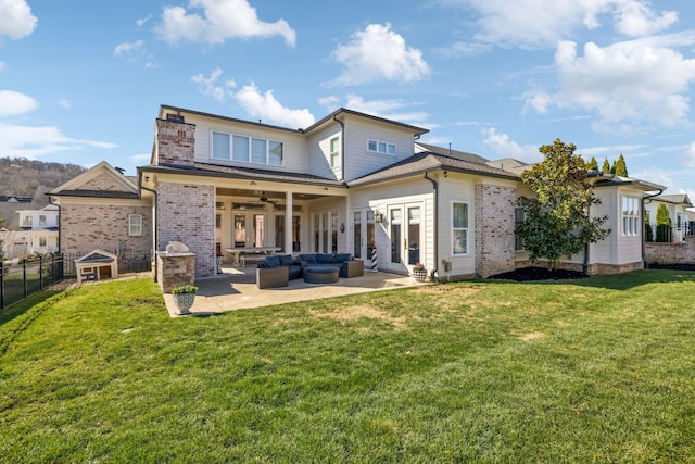 813 Stonewater Blvd, Franklin, TN 37064 - rear view of property featuring outdoor lounge area, french doors, ceiling fan, a patio, and brick siding