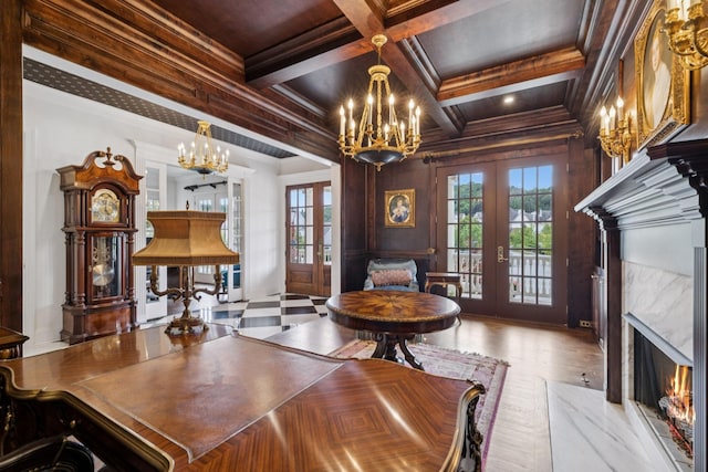 813 Stonewater Blvd, Franklin, TN 37064 - office area with french doors, a chandelier, a premium fireplace, ornamental molding, and beamed ceiling