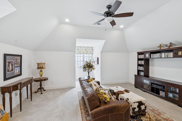813 Stonewater Blvd, Franklin, TN 37064 - living room featuring light carpet, lofted ceiling, a ceiling fan, and recessed lighting