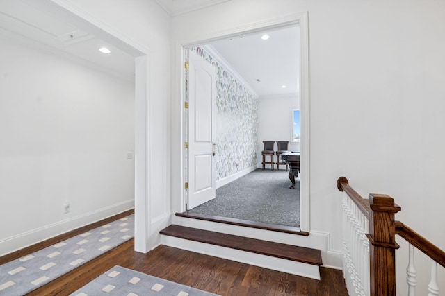 813 Stonewater Blvd, Franklin, TN 37064 - stairway featuring crown molding, wood finished floors, and recessed lighting