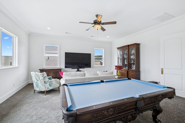 813 Stonewater Blvd, Franklin, TN 37064 - game room with carpet flooring, a ceiling fan, crown molding, billiards, and recessed lighting