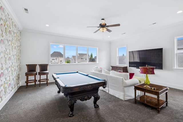 813 Stonewater Blvd, Franklin, TN 37064 - rec room featuring a ceiling fan, crown molding, carpet flooring, billiards table, and recessed lighting