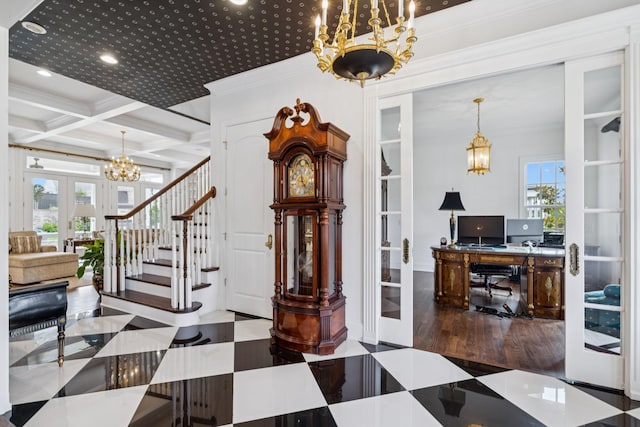 813 Stonewater Blvd, Franklin, TN 37064 - foyer entrance with a chandelier, french doors, plenty of natural light, crown molding, and beam ceiling