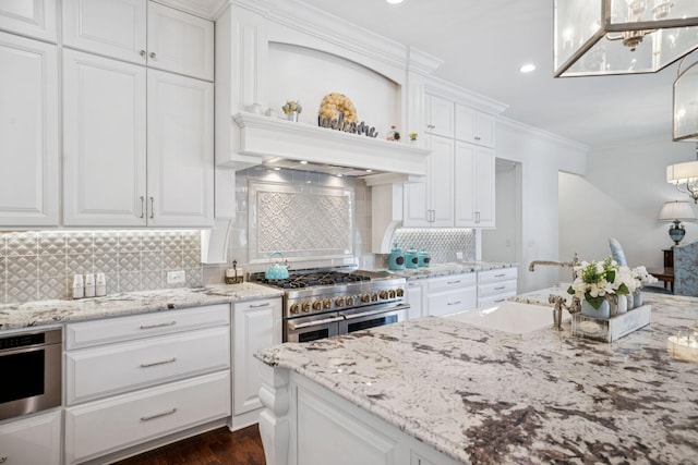 813 Stonewater Blvd, Franklin, TN 37064 - kitchen with stainless steel appliances, white cabinets, tasteful backsplash, light stone countertops, and dark wood-style floors