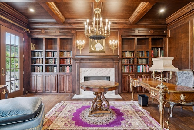 813 Stonewater Blvd, Franklin, TN 37064 - office featuring wooden walls, a wood ceiling with exposed beams, a premium fireplace, crown molding, and a chandelier