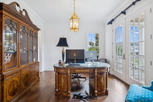 813 Stonewater Blvd, Franklin, TN 37064 - home office with french doors, dark wood-style flooring, a chandelier, and ornamental molding
