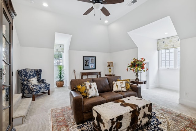 813 Stonewater Blvd, Franklin, TN 37064 - living area featuring light carpet, ceiling fan, vaulted ceiling, and recessed lighting