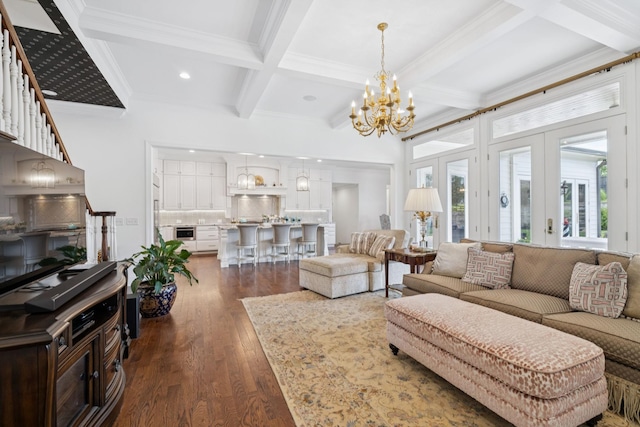 813 Stonewater Blvd, Franklin, TN 37064 - living room with ornamental molding, coffered ceiling, a chandelier, french doors, and dark wood-style floors