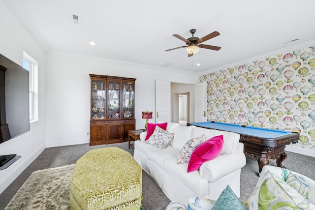 813 Stonewater Blvd, Franklin, TN 37064 - living room featuring carpet floors, crown molding, ceiling fan, pool table, and recessed lighting