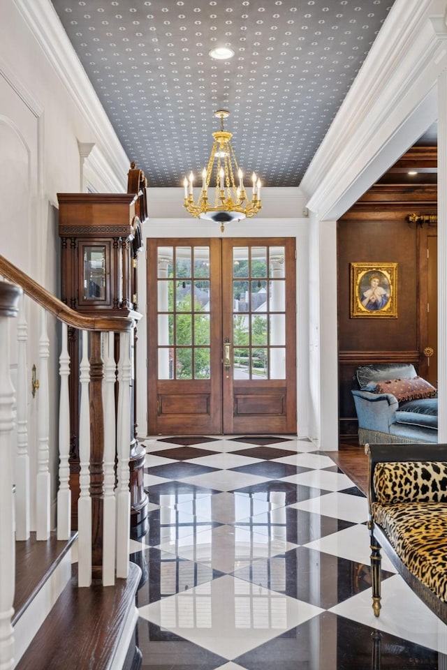 813 Stonewater Blvd, Franklin, TN 37064 - entryway with a chandelier, crown molding, french doors, and stairway