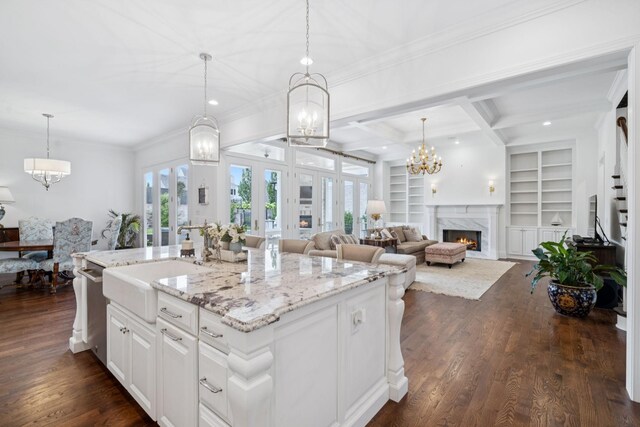 813 Stonewater Blvd, Franklin, TN 37064 - kitchen featuring a chandelier, crown molding, a premium fireplace, dark wood-type flooring, and light stone countertops