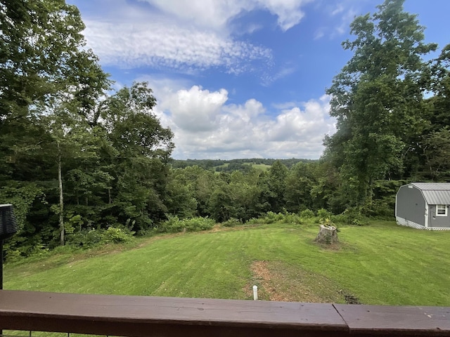 779 Dogwood Dr, Erin, TN 37061 - view of grassy yard with a storage shed and a view of trees