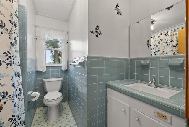 779 Dogwood Dr, Erin, TN 37061 - full bathroom with tile walls, vanity, tile patterned floors, wainscoting, and a shower with shower curtain