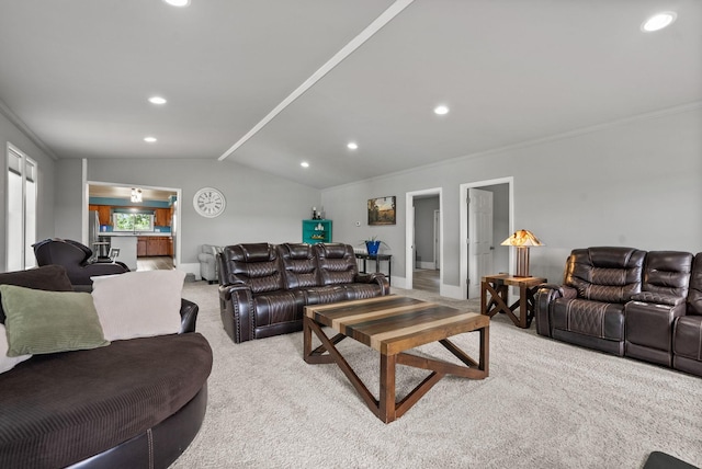 779 Dogwood Dr, Erin, TN 37061 - living area featuring carpet, lofted ceiling, recessed lighting, and crown molding