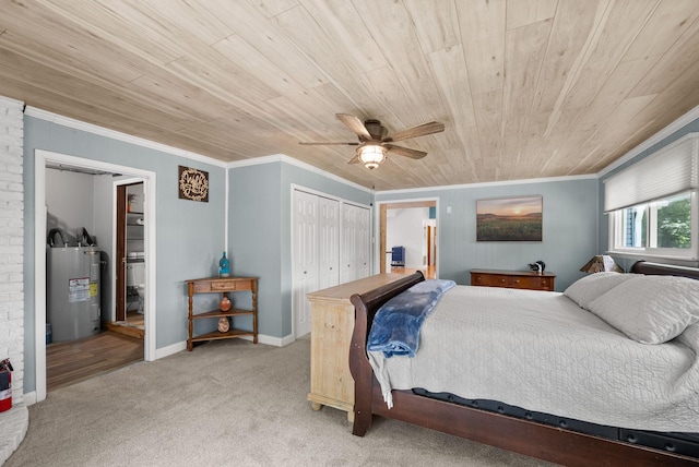 779 Dogwood Dr, Erin, TN 37061 - bedroom featuring electric water heater, wooden ceiling, ornamental molding, light colored carpet, and ceiling fan
