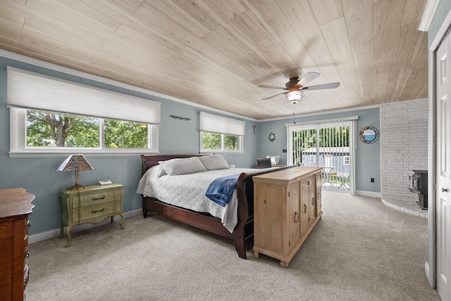 779 Dogwood Dr, Erin, TN 37061 - bedroom featuring wood ceiling, light colored carpet, access to exterior, ceiling fan, and ornamental molding