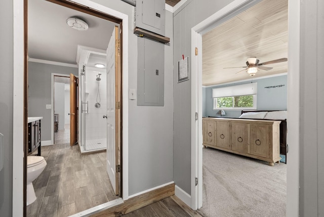 779 Dogwood Dr, Erin, TN 37061 - hall featuring crown molding, electric panel, and wood finished floors