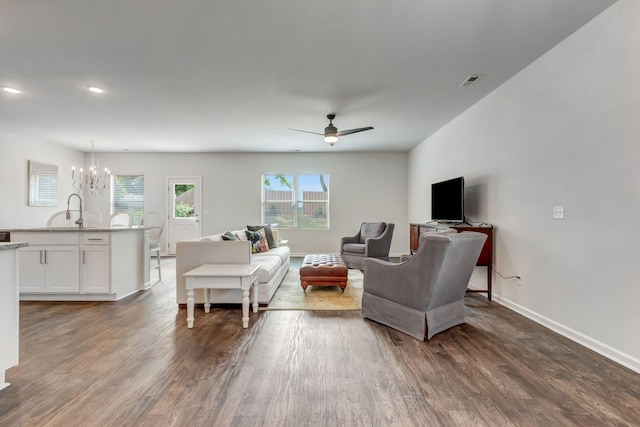 4112 Cadence Dr, Spring Hill, TN 37174 - living area featuring a chandelier, dark wood-type flooring, a ceiling fan, and recessed lighting