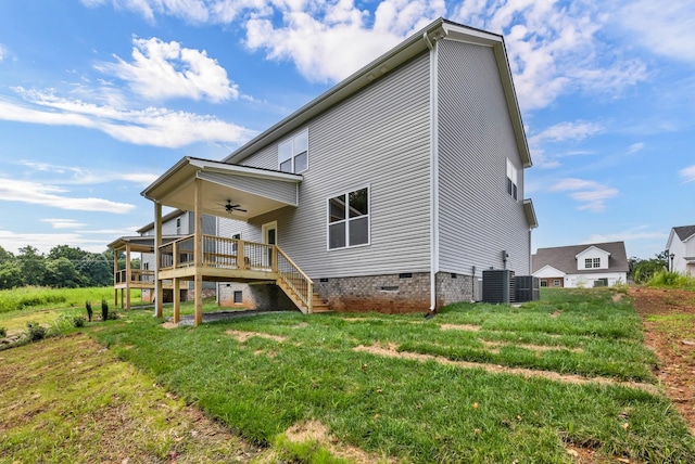 582 Pongracz Way, Clarksville, TN 37042 - back of house featuring a ceiling fan, crawl space, stairs, a lawn, and a wooden deck