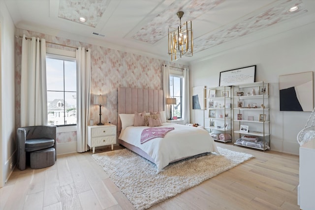8227 Heirloom Blvd, College Grove, TN 37046 - bedroom featuring wallpapered walls, a chandelier, wood finished floors, and crown molding
