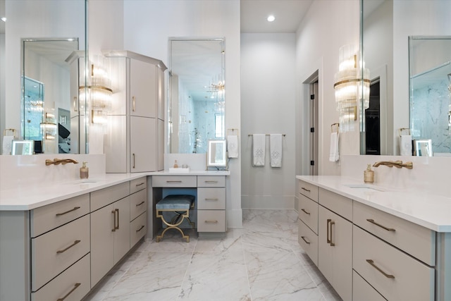 8227 Heirloom Blvd, College Grove, TN 37046 - bathroom with two vanities, a chandelier, marble finish flooring, recessed lighting, and a closet