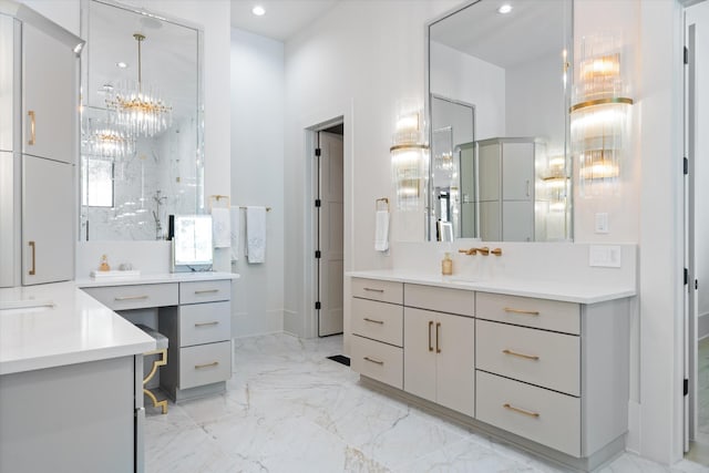 8227 Heirloom Blvd, College Grove, TN 37046 - bathroom featuring vanity, recessed lighting, a stall shower, marble finish flooring, and a chandelier