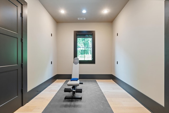 8227 Heirloom Blvd, College Grove, TN 37046 - workout room featuring light wood-style floors and recessed lighting