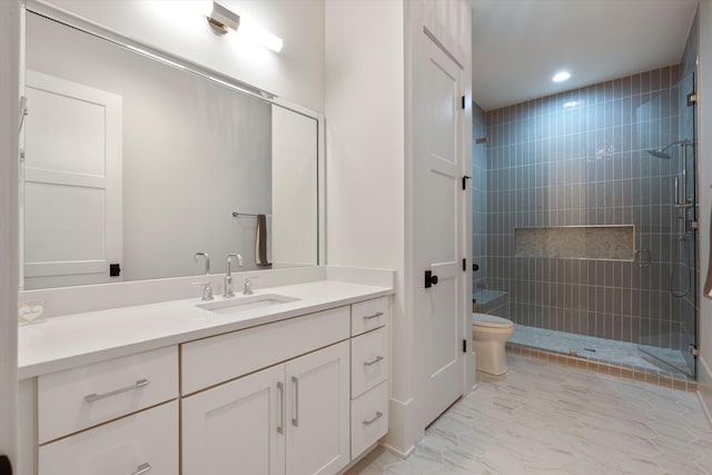 8227 Heirloom Blvd, College Grove, TN 37046 - bathroom with a shower stall, vanity, recessed lighting, and marble look tiles