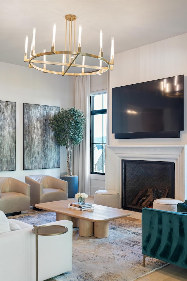 8227 Heirloom Blvd, College Grove, TN 37046 - living area featuring a chandelier and a fireplace