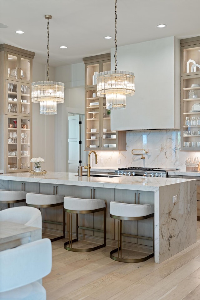 8227 Heirloom Blvd, College Grove, TN 37046 - kitchen featuring a chandelier, light wood-style floors, decorative backsplash, and recessed lighting