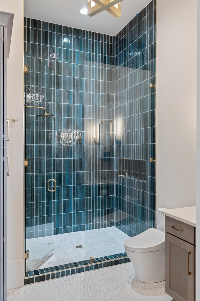 8227 Heirloom Blvd, College Grove, TN 37046 - bathroom with a shower stall, vanity, and tile patterned floors
