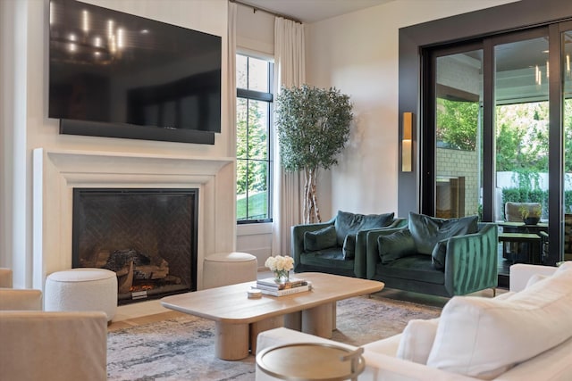 8227 Heirloom Blvd, College Grove, TN 37046 - living room featuring a glass covered fireplace and wood finished floors