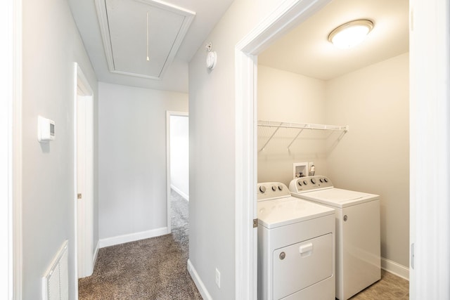 2075 Downstream Dr, Ashland City, TN 37015 - laundry area with attic access, washing machine and dryer, and carpet