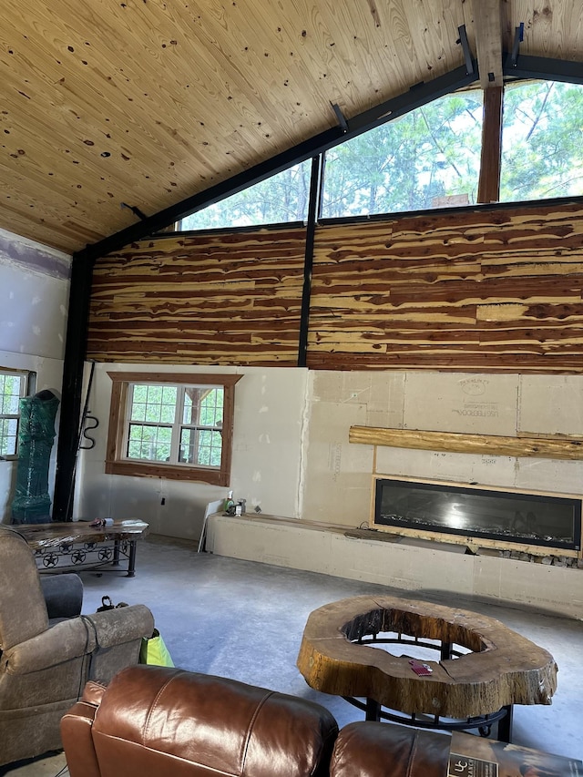 201 Summit Dr, Linden, TN 37096 - carpeted living room featuring a glass covered fireplace, high vaulted ceiling, and wood ceiling