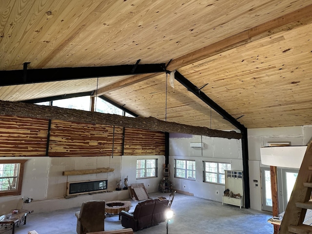 201 Summit Dr, Linden, TN 37096 - living room with a glass covered fireplace, high vaulted ceiling, unfinished concrete floors, a wood ceiling with exposed beams, and healthy amount of natural light
