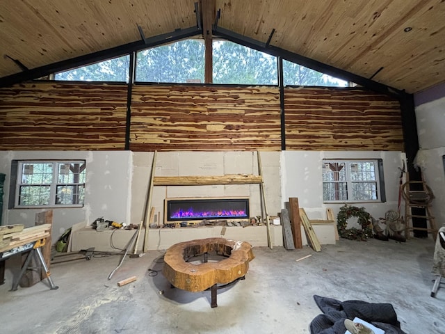 201 Summit Dr, Linden, TN 37096 - living area with a glass covered fireplace, unfinished concrete floors, and lofted ceiling