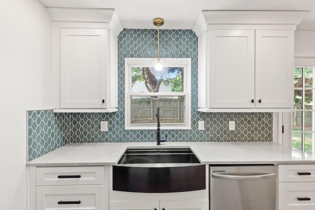 8205 Brownstone Ext, Cross Plains, TN 37049 - kitchen with dishwasher, white cabinets, tasteful backsplash, and decorative light fixtures