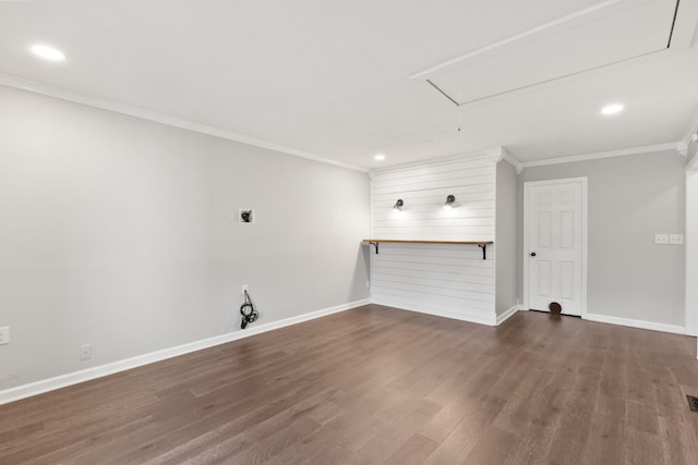 8205 Brownstone Ext, Cross Plains, TN 37049 - unfurnished living room with attic access, ornamental molding, dark wood finished floors, and recessed lighting