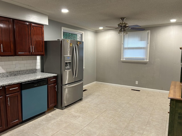 716 Muskhogean Ct, Antioch, TN 37013 - kitchen featuring dishwashing machine, ceiling fan, stainless steel fridge, backsplash, and crown molding