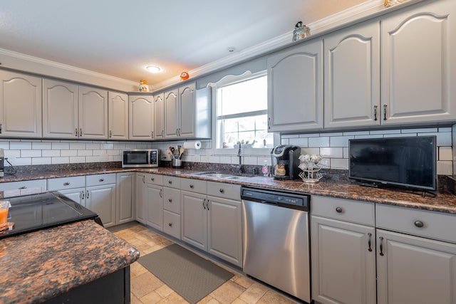 78 Gray Rd, Signal Mountain, TN 37377 - kitchen featuring stainless steel appliances, gray cabinets, crown molding, and decorative backsplash