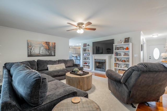 78 Gray Rd, Signal Mountain, TN 37377 - living area featuring ceiling fan, light wood-style floors, ornamental molding, and a fireplace with raised hearth
