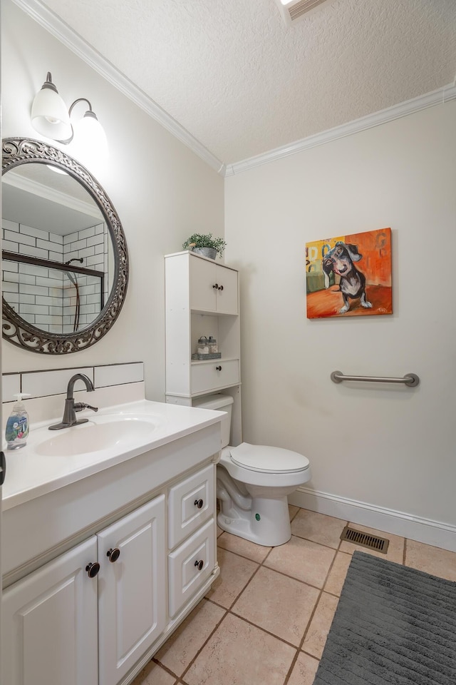 78 Gray Rd, Signal Mountain, TN 37377 - bathroom featuring ornamental molding, vanity, tile patterned floors, tiled shower, and a textured ceiling