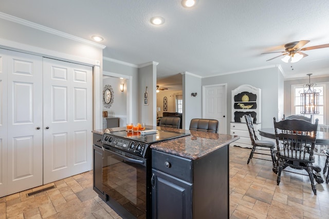 78 Gray Rd, Signal Mountain, TN 37377 - kitchen with black / electric stove, a ceiling fan, stone tile floors, crown molding, and a kitchen island