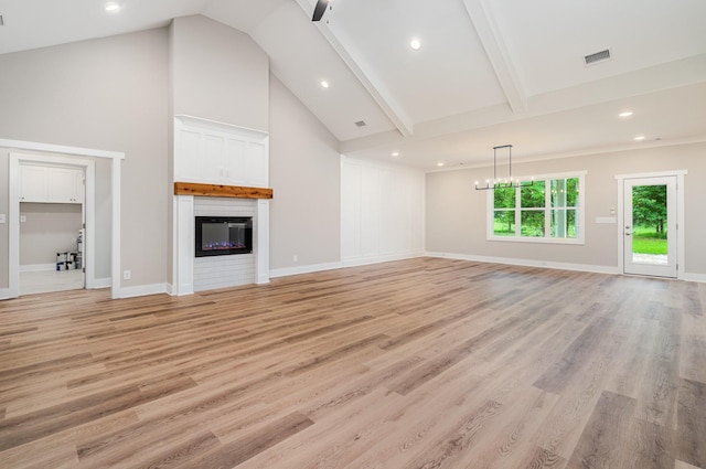 408 Harsh Ln, Castalian Springs, TN 37031 - unfurnished living room featuring a glass covered fireplace, high vaulted ceiling, light wood-type flooring, recessed lighting, and beamed ceiling