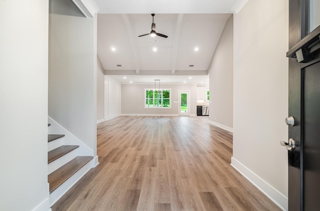 408 Harsh Ln, Castalian Springs, TN 37031 - unfurnished living room featuring ceiling fan, light wood-style floors, beam ceiling, stairway, and recessed lighting