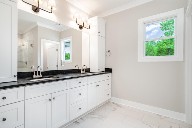 408 Harsh Ln, Castalian Springs, TN 37031 - bathroom featuring double vanity, marble look tiles, and a shower stall